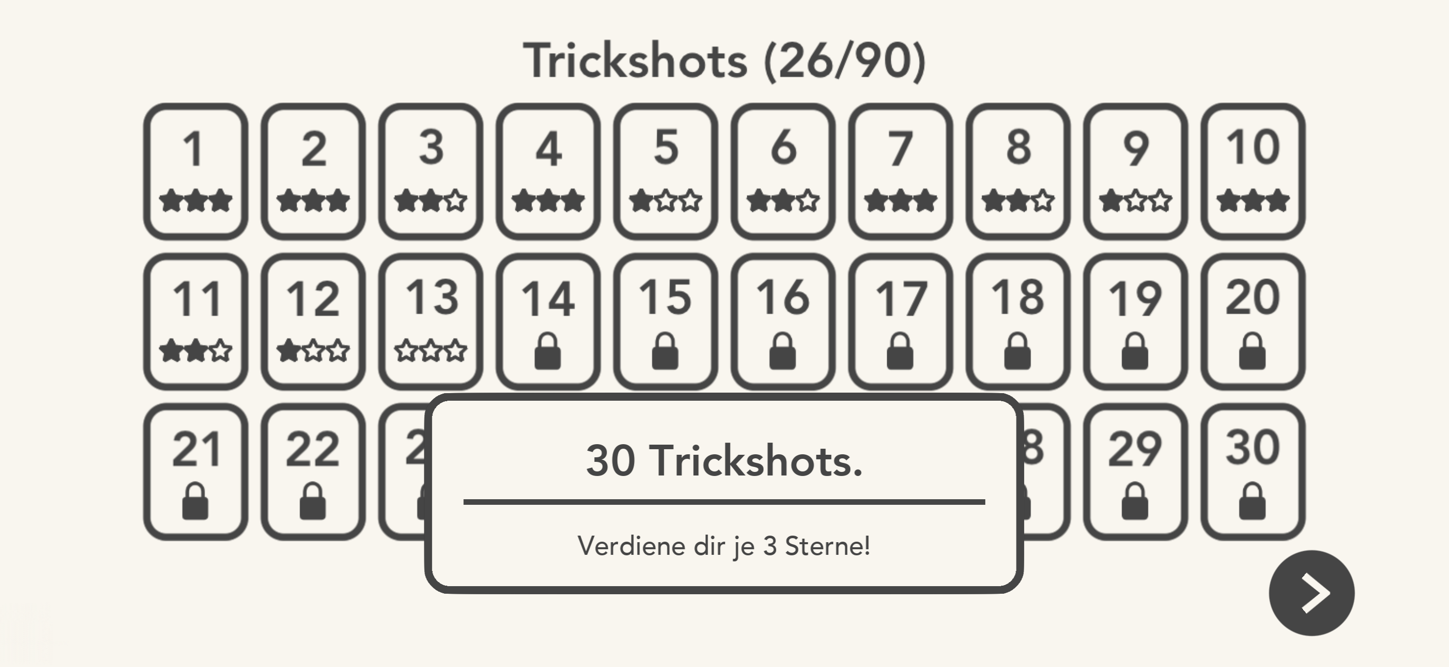 Trickshot-Levelauswahl mit Sternebewertung